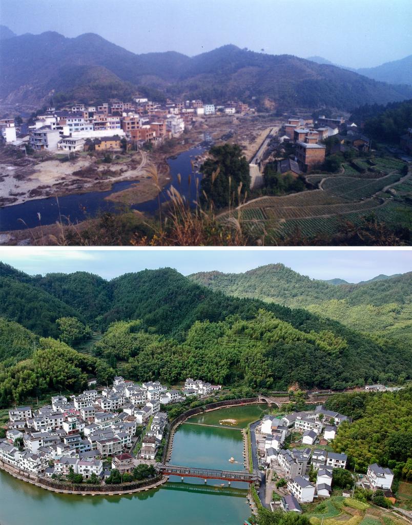 圖為浙江省杭州市淳安縣楓樹(shù)嶺鎮(zhèn)下姜村拼版圖，其中上圖為資料照片、下圖由新華社記者張鋮攝。
